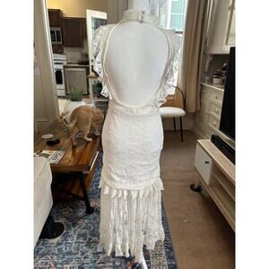 Nightcap Clothing White Lace Maxi Dress Size M Ruffle Cap Sleeve High Low Boho